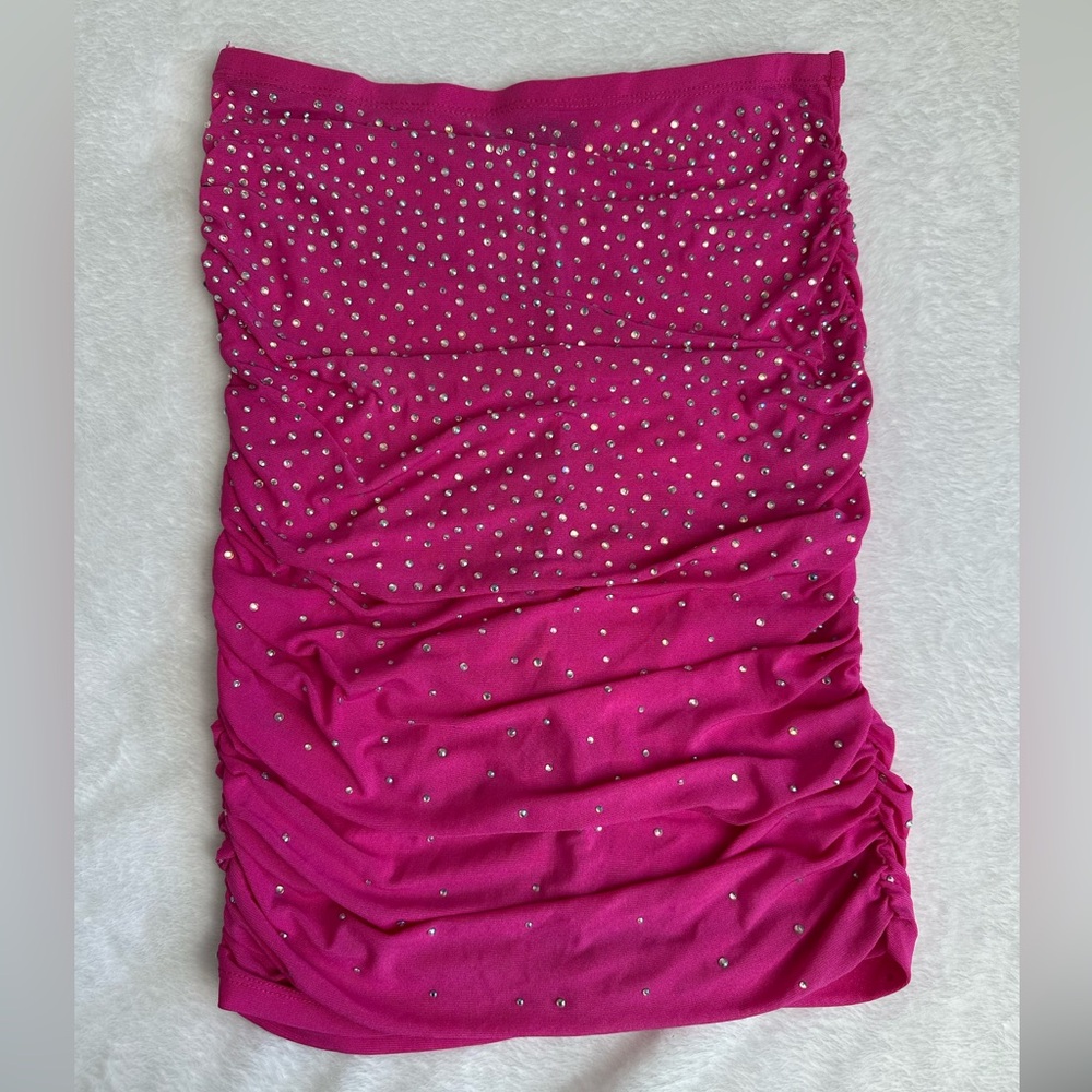 Banjul rhinestone pink ruched skirt. Sheer